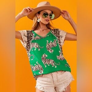 BiBi Tiger Printed Jersey Block T-Shirt with Aztec Trim